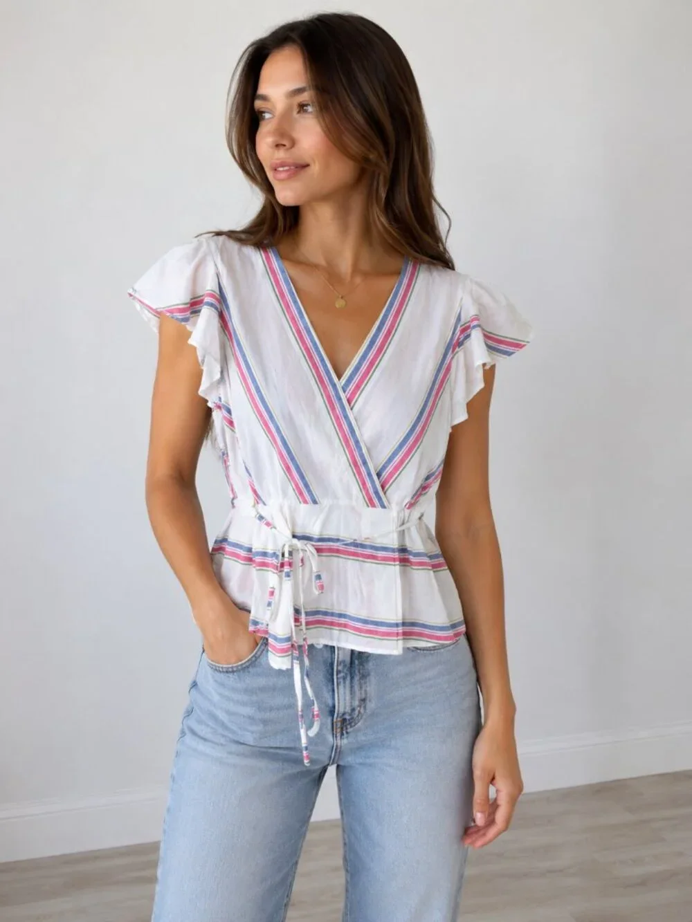 J. Crew Striped V-Neck Wrap Blouse Flutter Sleeve SZ 6 Coquette